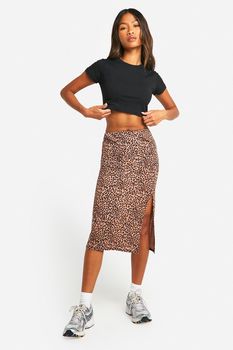 Falda Midi De Canalé Con Abertura Lateral Y Estampado De Leopardo, Multi