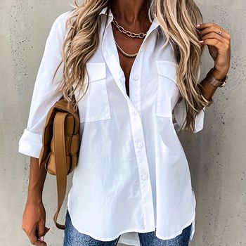 Camisa de manga larga con botones delanteros, camisa casual sólida de oficina con cuello, ropa de mujer