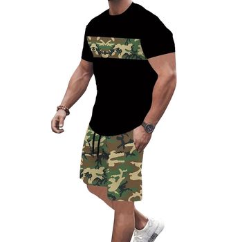 Conjunto de 2 piezas: camiseta negra de manga corta y pantalones cortos de camuflaje con estampado 3D, ropa deportiva casual para exteriores, ropa de estar en casa, primavera y verano