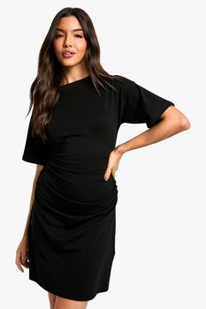 Vestido Camiseta Mini Con Lateral Fruncido, Negro