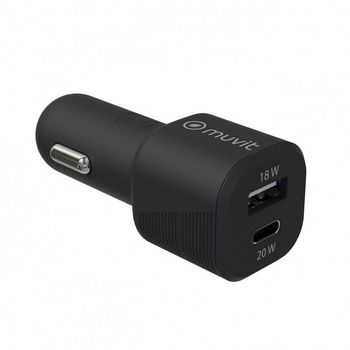 Muvit for Change Cargador Coche 1x USB QC 3.0 18W + 1x USB-C PD 20W Negro