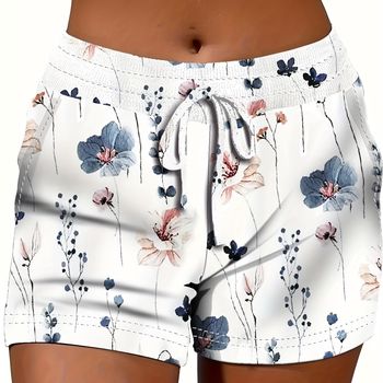 Pantalones Cortos Estampados Florales Con Cordón, Pantalones Cortos Casuales Con Bolsillos Inclinados, Ropa De Mujer