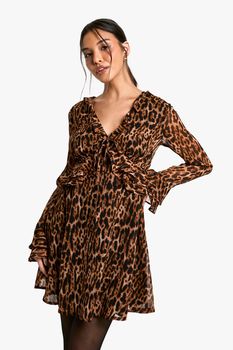 Vestido Mini De Leopardo Con Volante En Las Mangas, Brown