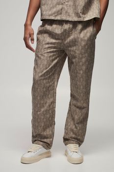 Pantalón Recto De Tela Con Cintura Elástica Y Estampado Geométrico, Beige