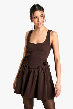 Vestido Mini Skater Con Atadura En La Cintura, Brown