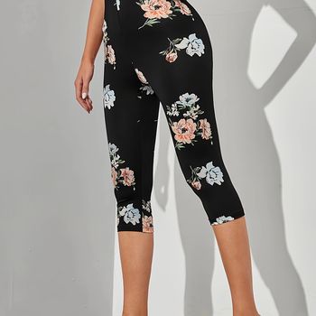 Leggings Ajustados Estampados Florales, Leggings Capri Casuales Con Cintura Elástica, Ropa De Mujer