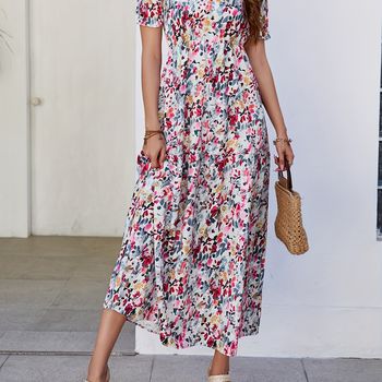 Vestido De Cintura Con Volantes Estampado Floral, Elegante Vestido De Manga Corta Con Cuello Redondo, Ropa De Mujer