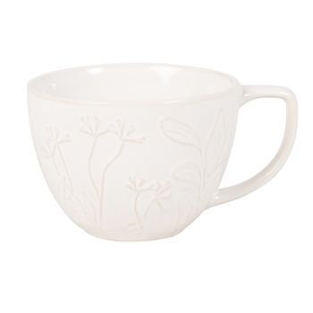 Taza y platillo de cerámica grabada blanca