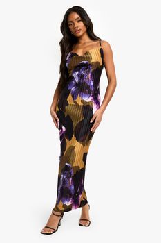 Vestido Maxi De Tirantes Plisado Con Estampado De Flores, Purple