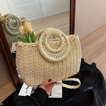 Bolsa tote minimalista clásica de paja, gran capacidad, diseño sencillo y versátil, bolso bandolera ligero para vacaciones en la playa