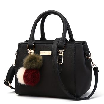 Bolso De Hombro Clásico De Color Sólido, Elegante Y De Moda, Bolso De Mano Con Asa Superior Que Combina Con Todo, Con Decoración De Pompones