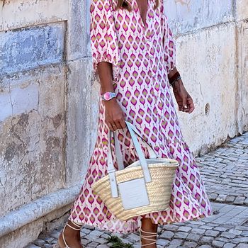 Vestido estampado de manga corta y corte imperio, elegante vestido largo suelto para primavera y otoño, ropa de mujer.