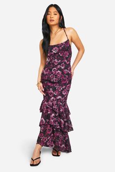 Vestido Petite Maxi De Chifón Texturizado Con Volante Y Estampado De Flores, Purple