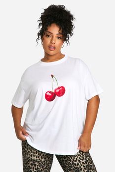 Camiseta Plus Oversize Con Estampado De Cerezas, Blanco