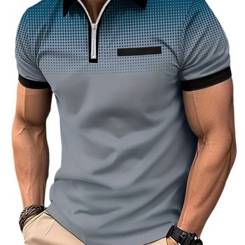 Camiseta de golf de color degradado para hombre, camisa casual de manga corta con solapa y media cremallera para actividades al aire libre.