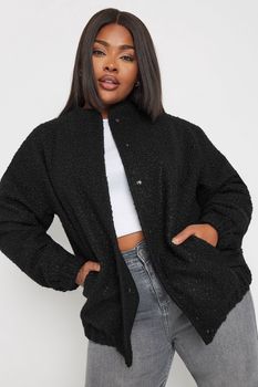 Yours Chaqueta Bouclé Negra Estilo Bomber, Mujer Curvy Y Tallas Grandes, Yours