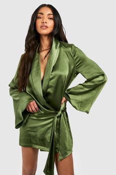 Vestido Camisero De Raso Cruzado, Verde