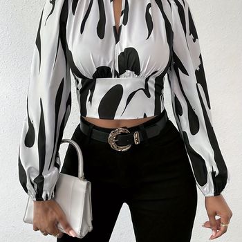 Blusa Corta De Cuello Alto Con Estampado Gráfico, Elegante Blusa De Manga Larga Con Recortes Fruncidos, Ropa De Mujer