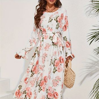 Vestido De Cuello Redondo Estampado Floral, Elegante Vestido Largo Hasta El Tobillo Con Cinturón Y Mangas Largas Para Primavera Y Otoño, Ropa De Mujer