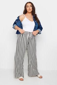 Yours Curve White Stripe Wide Leg Linen Look Trousers, Mujer Curvy Y Tallas Grandes, Yours