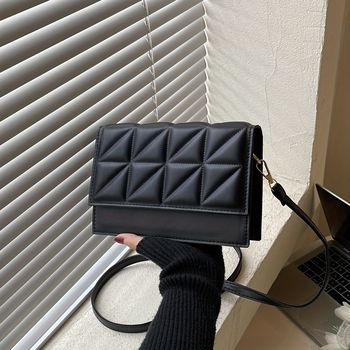 Bolso De Hombro Cuadrado Mini Minimalista Negro, Con Patrón De Rombos A Juego, Ideal Para Mujeres