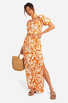 Falda Maxi De Algodón Con Estampado De Flores Abstractas, Naranja