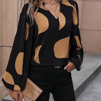 Blusa de manga larga casual con cuello en V y estampado de bloques de color, ropa de mujer para primavera y otoño