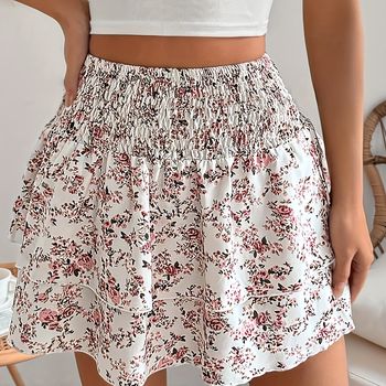 Falda con estampado floral y cintura fruncida, elegante minifalda con volantes en cascada para el verano, ropa de mujer.