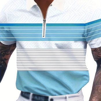 Camisa De Golf A Rayas Para Hombres, Con Combinación De Colores, Camisa Casual De Manga Corta Con Cuello De Solapa Y Media Cremallera Para Exteriores