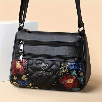 Bolso de bandolera bordado con flores para mujeres, bolso de hombro de piel sintética de moda - Regalo perfecto para madres