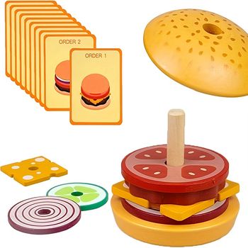 Juguetes de hamburguesa de madera atractivos - Juego de comida de juego Montessori para niños pequeños con juegos de clasificación de tarjetas de pedido para edades de 3+