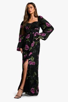 Vestido Maxi Estilo Mesonera Con Estampado De Flores, Negro