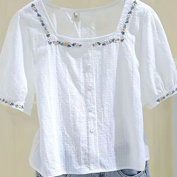 Blusa de cuello cuadrado con estampado floral, elegante blusa de manga corta para primavera y verano, ropa de mujer