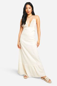 Vestido Petite Maxi Con Flecos Y Cuentas, Blanco