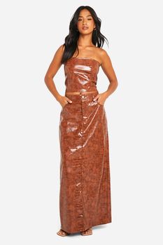 Falda Petite Maxi Efecto Cocodrilo De Cuero Sintético, Brown