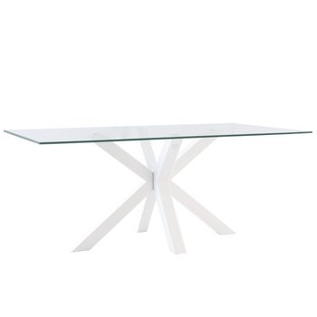 Mesa de comedor 160 con tablero de vidrio y patas de metal blanco.