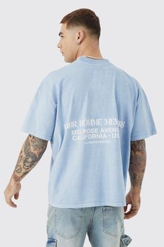 Camiseta Recta Sobreteñida Gruesa Con Estampado Gráfico, Azul