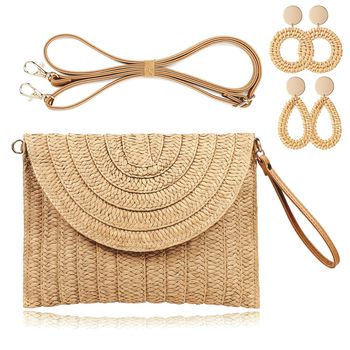 Bolso de muñeca cruzado tejido de paja con conjunto de 2 pares de pendientes, exquisito bolso de hombro decorativo, bolso de playa de moda de verano