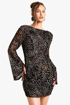 Vestido Mini De Tela Devoré Con Mangas Acampanadas Y Estampado De Leopardo, Brown