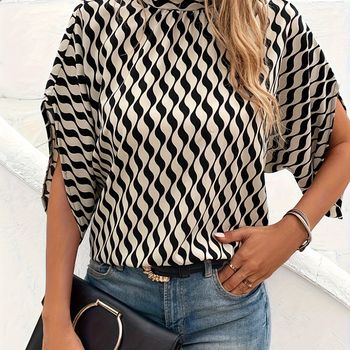 Blusa De Cuello Alto Estampada En Todo, Blusa Casual De Manga Media Para Primavera Y Verano, Ropa De Mujer