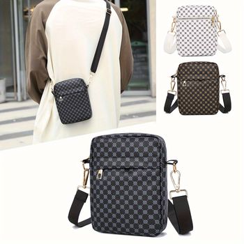 1pc Bolso cuadrado de PU con estampado de cuadros mini para hombres, bolso cruzado portátil, adecuado para la escuela, el trabajo, las compras, los viajes