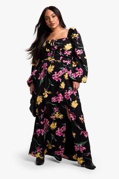 Vestido Plus Maxi De Flores Con Mangas De Globo, Negro