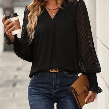 Blusa De Malla Con Cuello En V Y Detalles De Malla, Blusa Elegante De Manga De Linterna Para Primavera Y Otoño, Ropa De Mujer