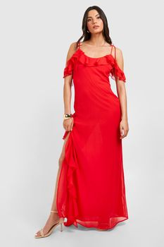 Vestido Maxi De Chifón Con Abertura Y Volante, Rojo