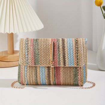 Bolso De Paja Tejido A Rayas Y Colorido, Bolso Bandolera Bohemio Con Cadena, Mini Bolso De Hombro De Moda Para Mujeres