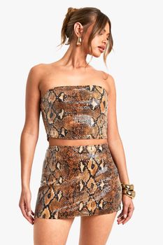 Minifalda De Lentejuelas Con Estampado De Serpiente, Brown