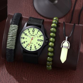 4pcs/set, Conjunto de reloj de cuarzo con correa de nylon deportiva con esfera luminosa para hombres y calendario, pulsera y collar luminoso, elección ideal para regalos