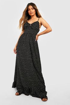 Vestido Maxi De Lunares Con Pecho Fruncido Y Volante En El Bajo, Negro