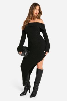 Vestido Maxi De Punto En Ochos Suave Con Escote Bardot Y Filo Asimétrico, Negro