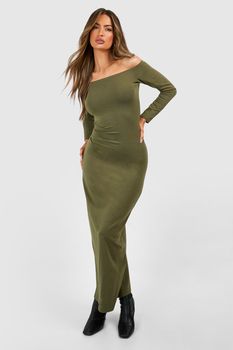 Vestido Maxi Premium Ajustado Súper Suave Con Escote Bardot, Verde